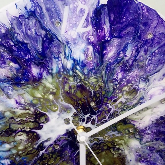 Hand Crafted Resin Clock Fluid Art Bling Purple Olive Green Rhinestones - Picture 6 of 11